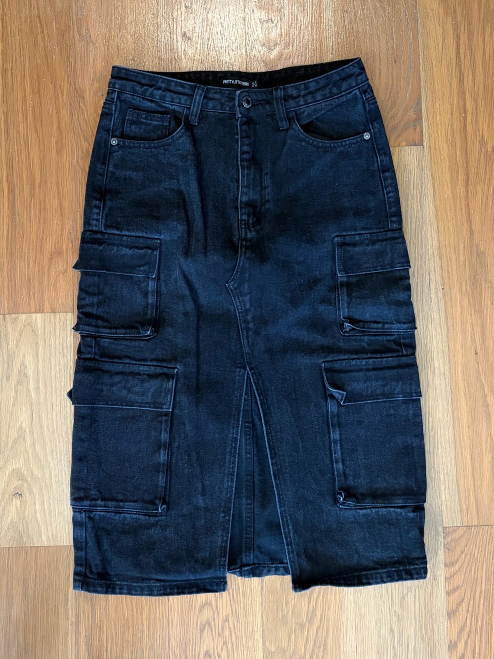 PrettyLittleThing Black Straight-Leg Cargo Denim Skirt